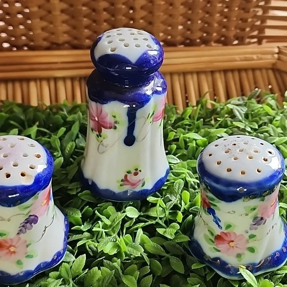 Vintage Cobalt Blue & Handpainted Floral Salt, Pepper & Cinnamon Shakers